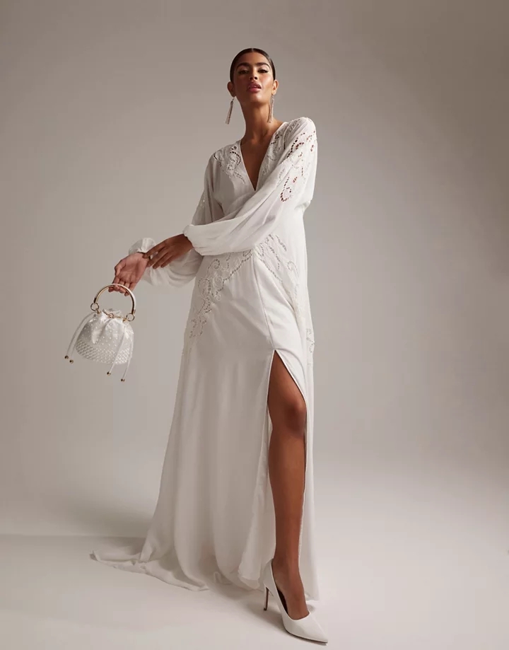 Vestido de novia escotado de manga larga con diseño calado Florence de DESIGN Marfil 07pq76U9