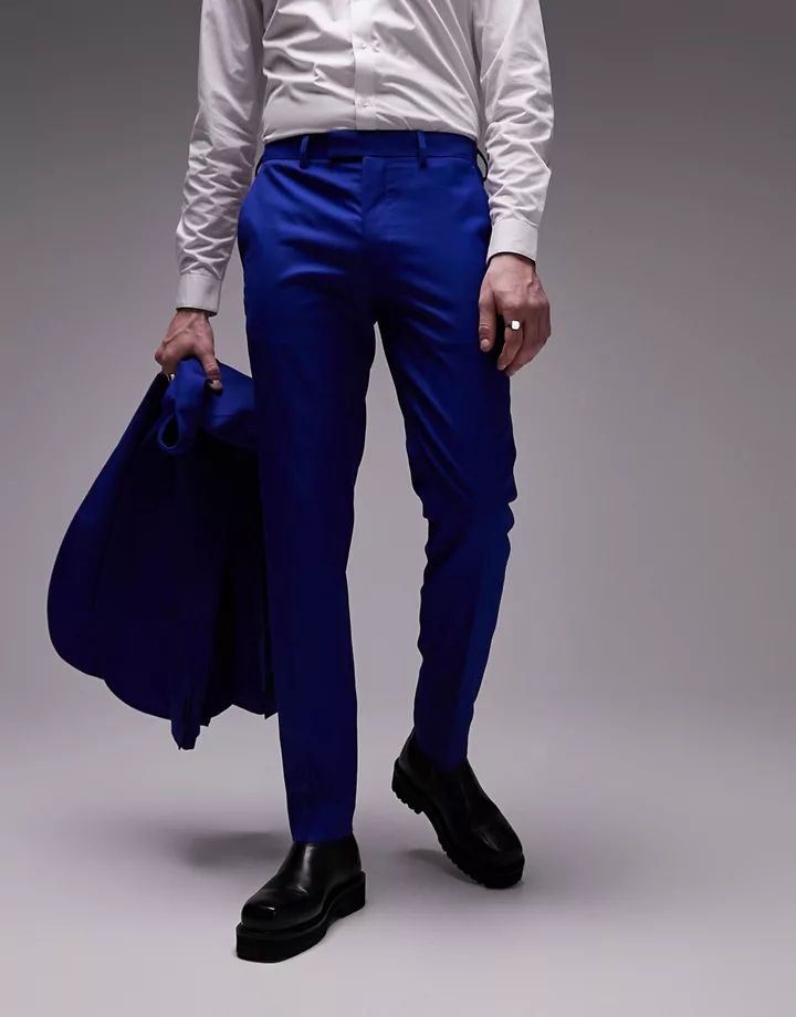 Pantalones de traje azules de corte pitillo para bodas de Topman Azul 0FHF5LcI