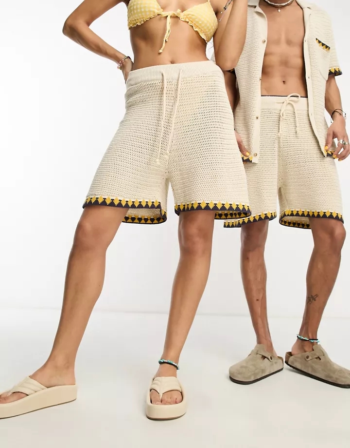 Pantalones cortos beis unisex con ribetes de punto de Reclaimed Vintage Piedra 0iX7dEwl