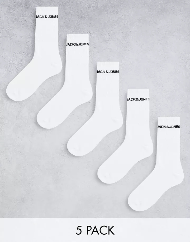 Pack de 5 pares de calcetines blancos deportivos con logo de Jack & Jones Blanco 0lLq6ZMK