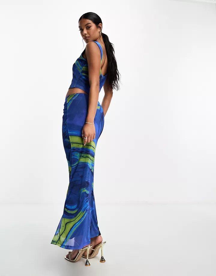 Falda larga azul estampada de talle bajo y corte sirena de malla de DESIGN (parte de un conjunto) Azul 14d8yeoa