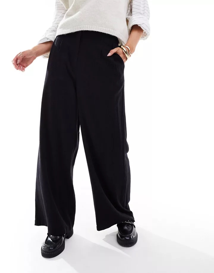 Pantalones negros de talle alto con detalle de costuras de mezcla de lino de DESIGN Petite Negro 1URqjBL4