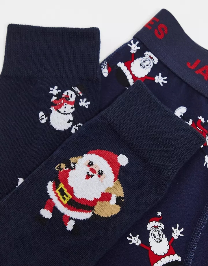 Caja de regalo de bóxer y calcetines azul marino con estampado de Papá Noel de Navidad de Jack & Jones Azul marino 2BZjUsbO