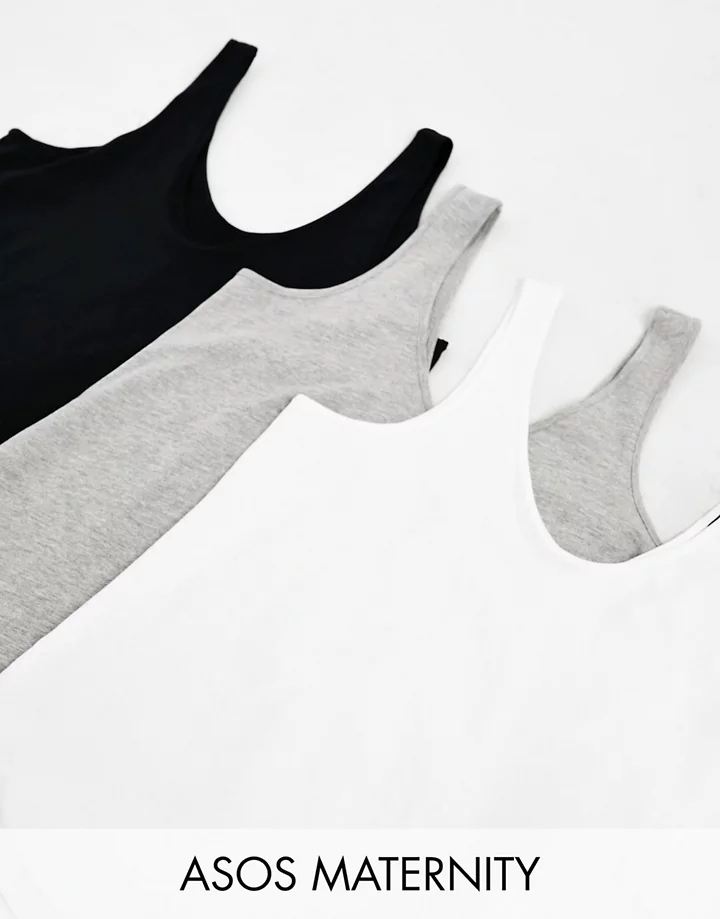 Pack ahorro de 3 camisetas de tirantes con cuello ancho de mezcla de algodón Ultimate de DESIGN Maternity - MULTI Negro, blanco y gris 2eBPSXwf