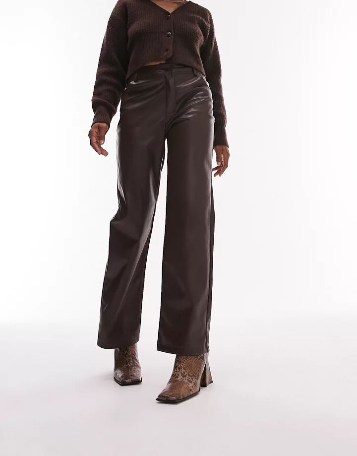 Pantalones marrón chocolate de pernera recta de cuero s