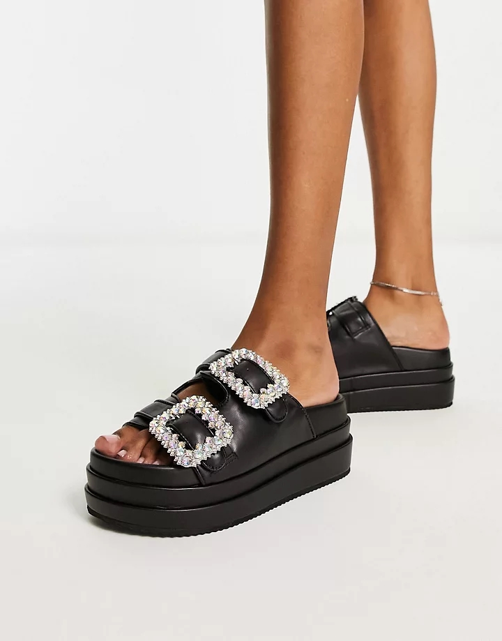 Sandalias negras de poliuretano con plataforma plana y detalles adornados Lozzy de Public Desire Wide Fit Negro 2xoEyQoo