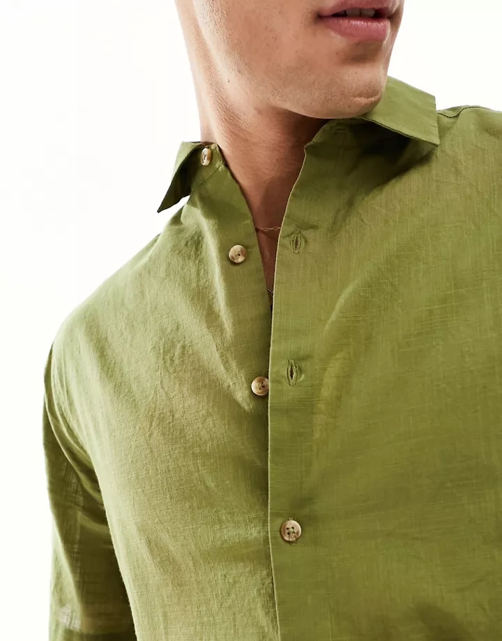 Camisa caqui holgada de manga corta de tejido efecto lino de DESIGN Caqui 3Dt9XhdI