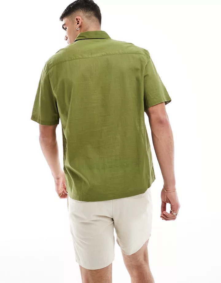 Camisa caqui holgada de manga corta de tejido efecto lino de DESIGN Caqui 3Dt9XhdI