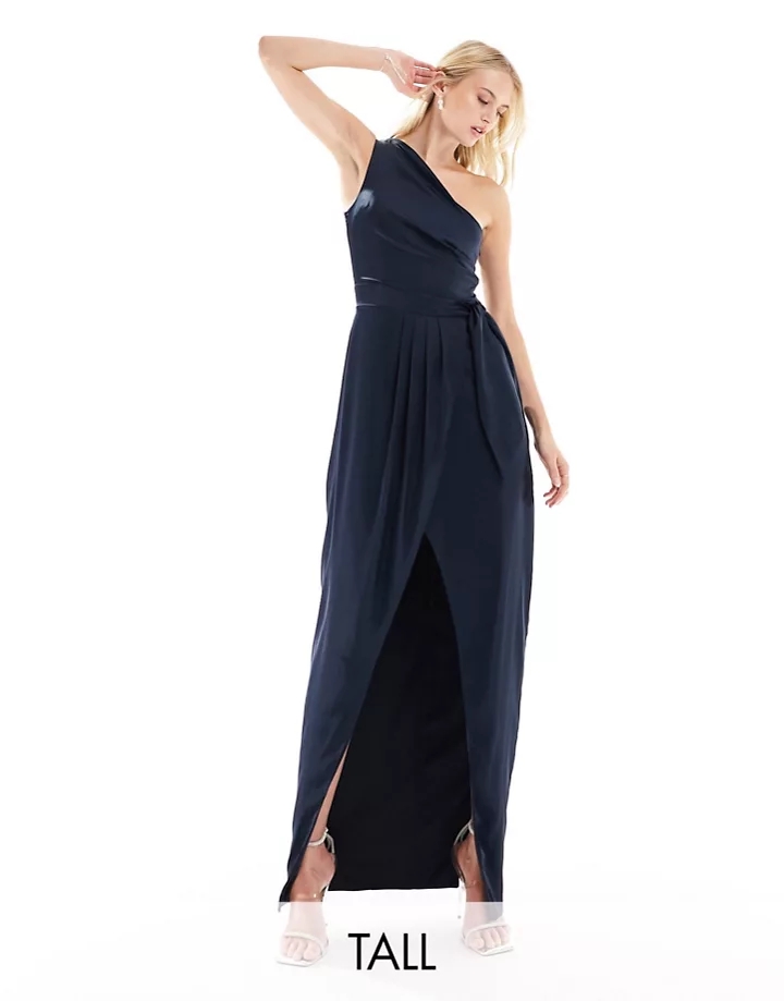 Vestido de dama de honor largo azul marino asimétrico con detalle plisado de TFNC Tall Azul marino 3NldzXWY