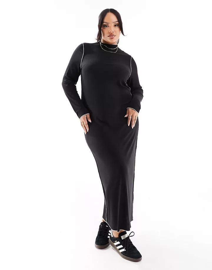Vestido largo negro de manga larga con bordes ondulados de punto de Vero Moda Curve Negro 3RdPYuql
