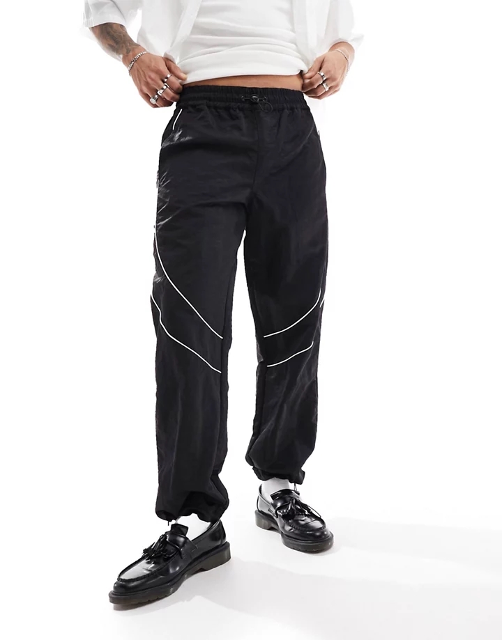 Pantalones de chándal negros holgados con ribetes en contraste de nailon de DESIGN Negro 3SUXmAOO