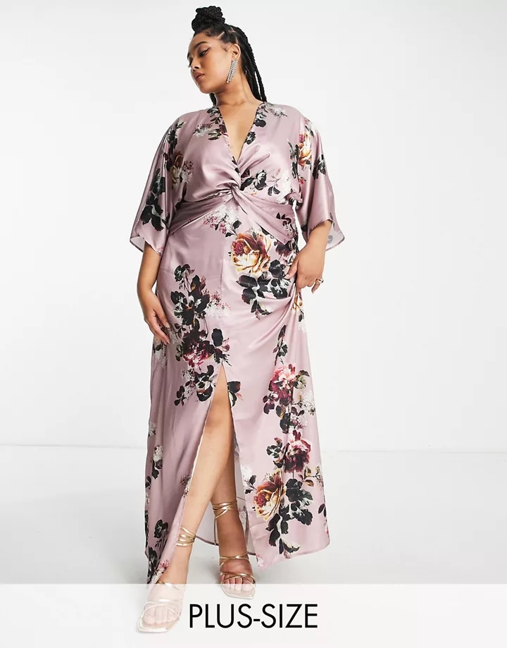 Vestido largo color malva con manga kimono de satén de 