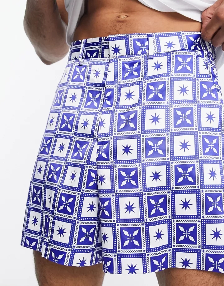 Pantalones cortos de vestir azules y blancos estilo bermudas cortas con estampado de mosaico de DESIGN Blanco 44pQSNoJ
