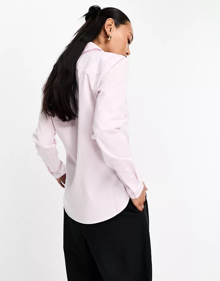 Camisa rosa y blanca a rayas entallada de manga larga de algodón elástico de DESIGN Rayas 5CdH6tWK