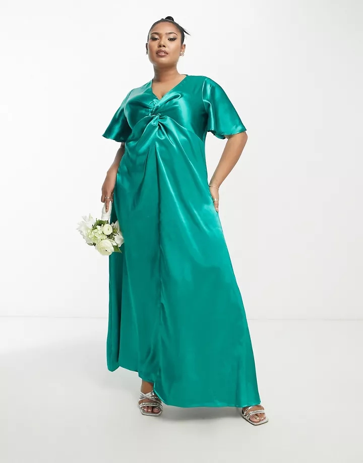 Vestido de dama de honor largo verde esmeralda con mangas fluidas de satén de Vila Curve Alhambra 5PaVG9OF