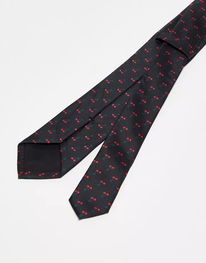 Corbata negra de corte estándar con estampado de cerezas de DESIGN Negro 5dcZmiN3