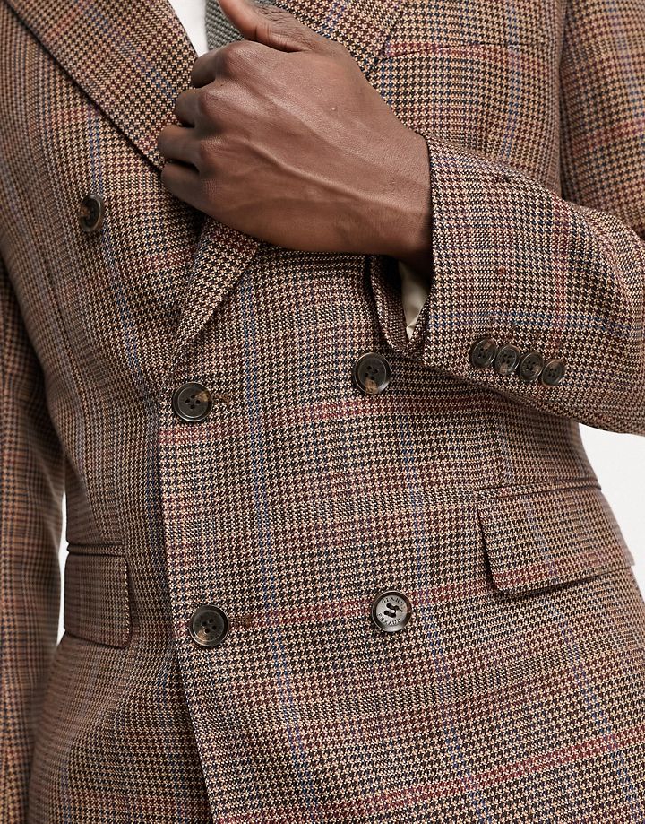 Chaqueta de traje marrón de corte slim con patrón de espiguilla y doble botonadura de Gianni Feraud Marrón 627bjTlp