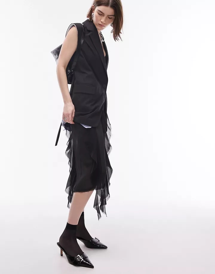 Falda midi negra con borde sin rematar y detalle de volantes de tejido transparente de Topshop Negro 6sk4dOZ7