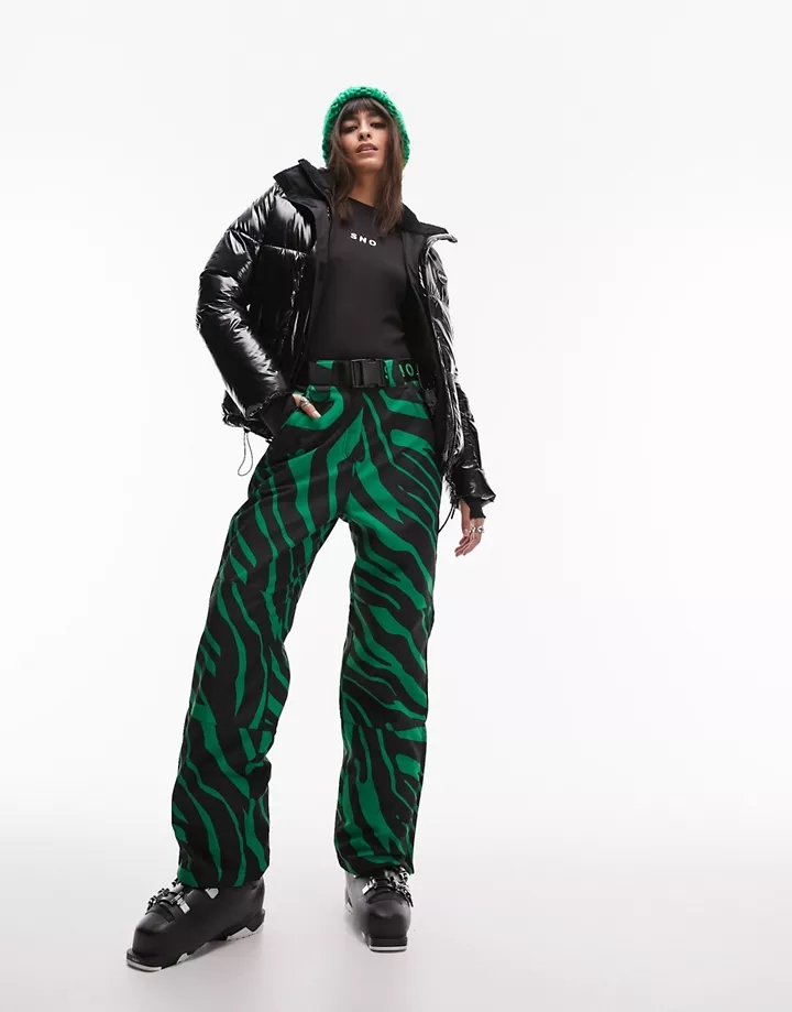 Pantalones de esquí verdes de pernera recta con estampa