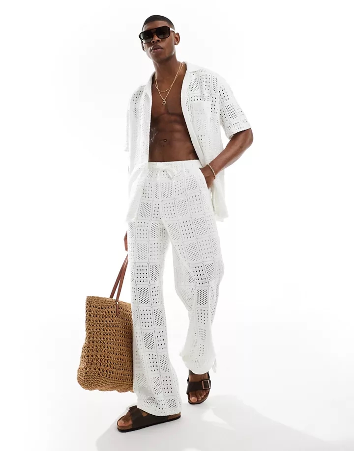Pantalones blancos de pernera ancha con cintura elástica de croché de DESIGN (parte de un conjunto) Blanco 7YJMKso4