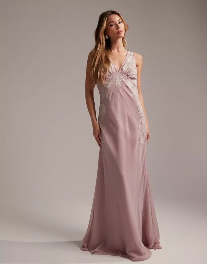 Vestido de dama de honor largo rosa pétalo sin mangas c