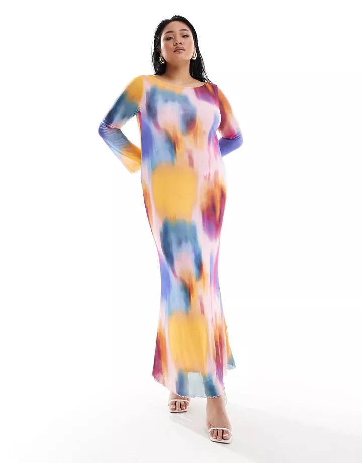 Vestido multicolor de manga larga con estampado difumin
