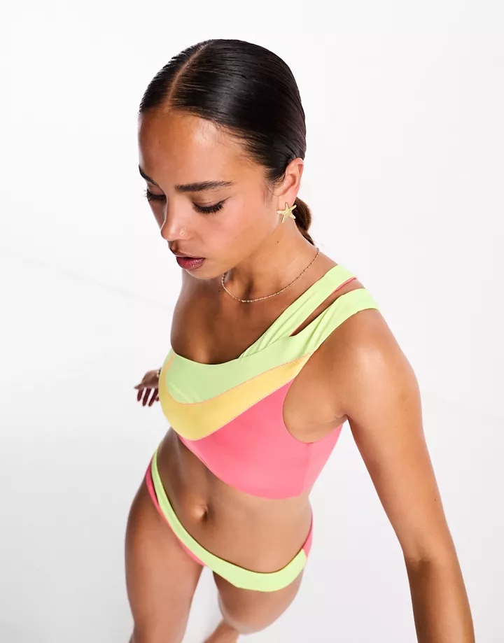 Top de bikini rosa y verde asimétrico con diseño color block y logo distintivo de Nike Swimming Verde 9CQXQjPY