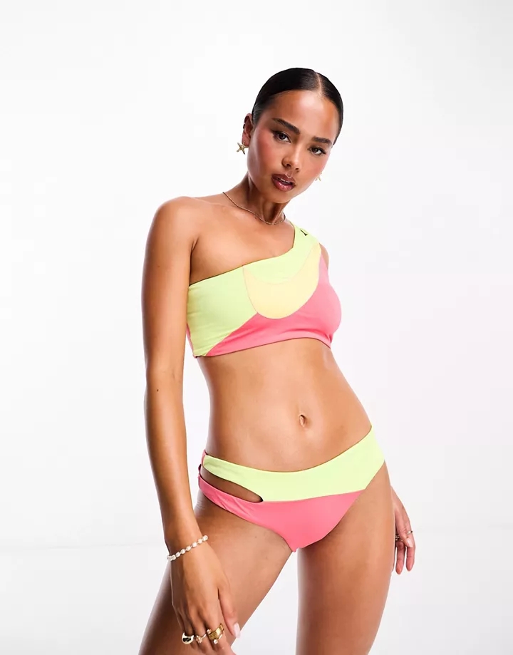 Top de bikini rosa y verde asimétrico con diseño color block y logo distintivo de Nike Swimming Verde 9CQXQjPY