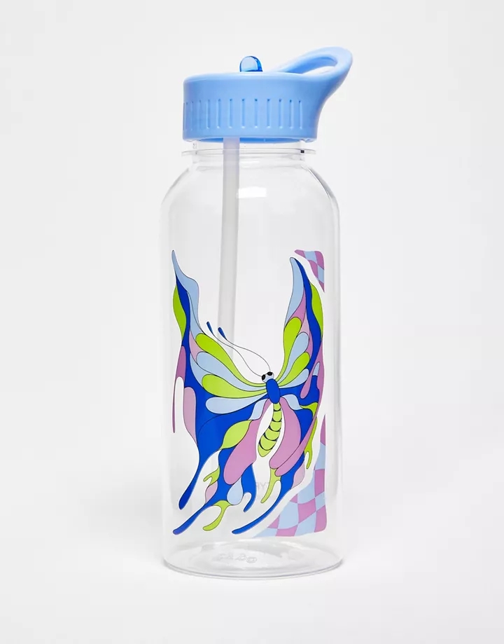 Botella de agua transparente con estampado de texto y m