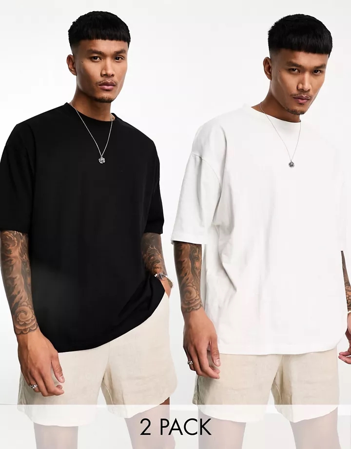 Pack de 2 camisetas de color negro y blanco extragrandes con cuello redondo de DESIGN Negro/blanco 9I8NaoTq