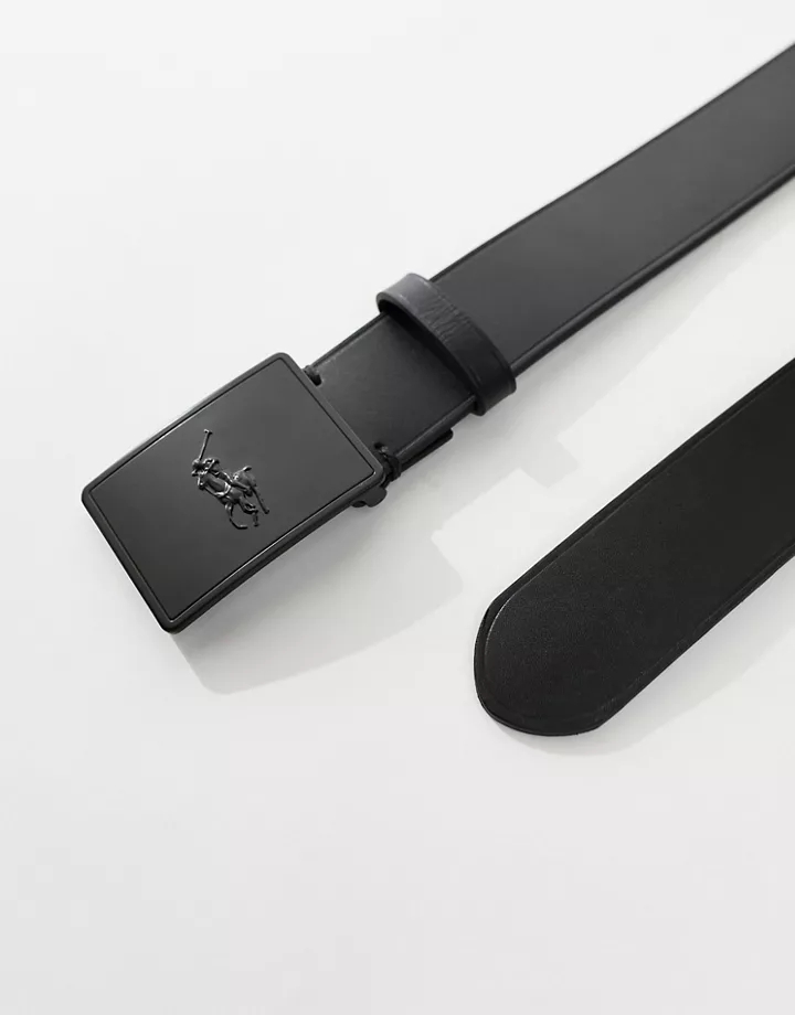 Cinturón negro mate de cuero con logo en la hebilla de placa de Polo Ralph Lauren Negro/negro mate 9TgoS4IA