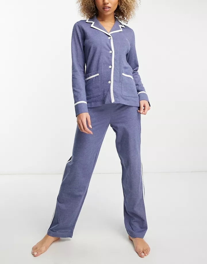 Pijama largo azul jaspeado de punto suave de Lauren by 