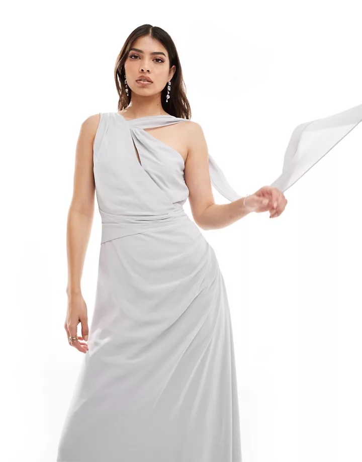 Vestido de dama de honor largo plateado con diseño asimétrico drapeado de chifón de TFNC Plateado 9ecCLDvu