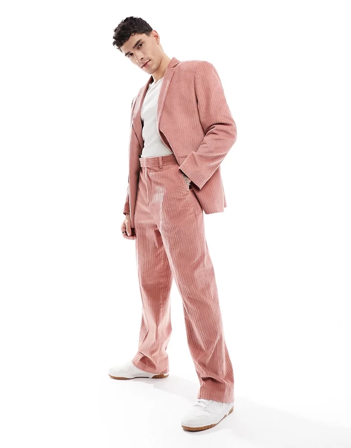 Pantalones de traje rosa coral de pernera ancha de pana