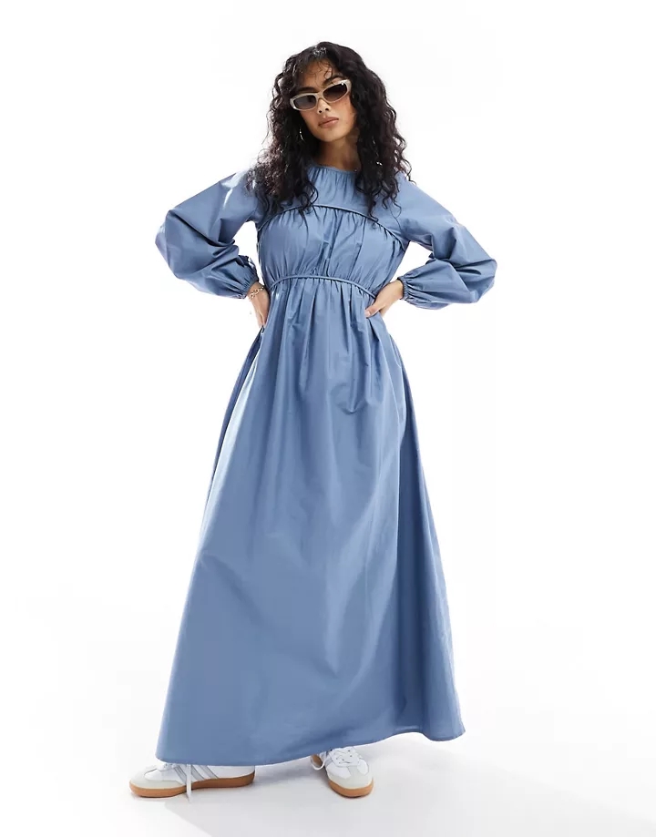 Vestido largo azul con detalle de pecho fruncido de popelina de algodón de DESIGN Azul ACrZyBTe
