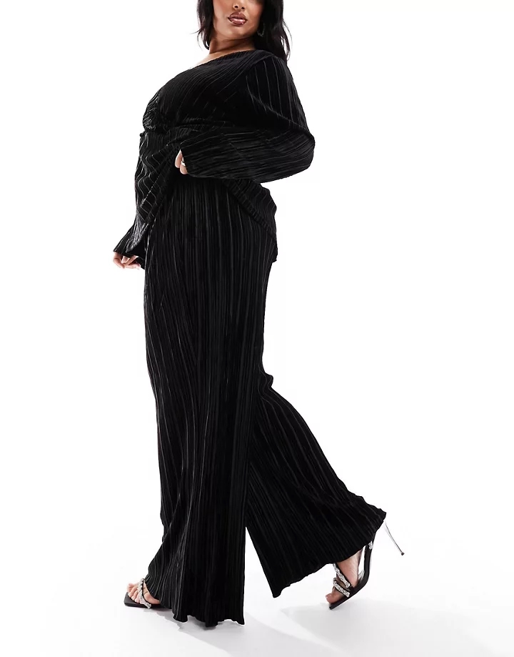 Pantalones negros plisados de pernera ancha de terciopelo de Vila Curve (parte de un conjunto) Negro AqwTlmk7