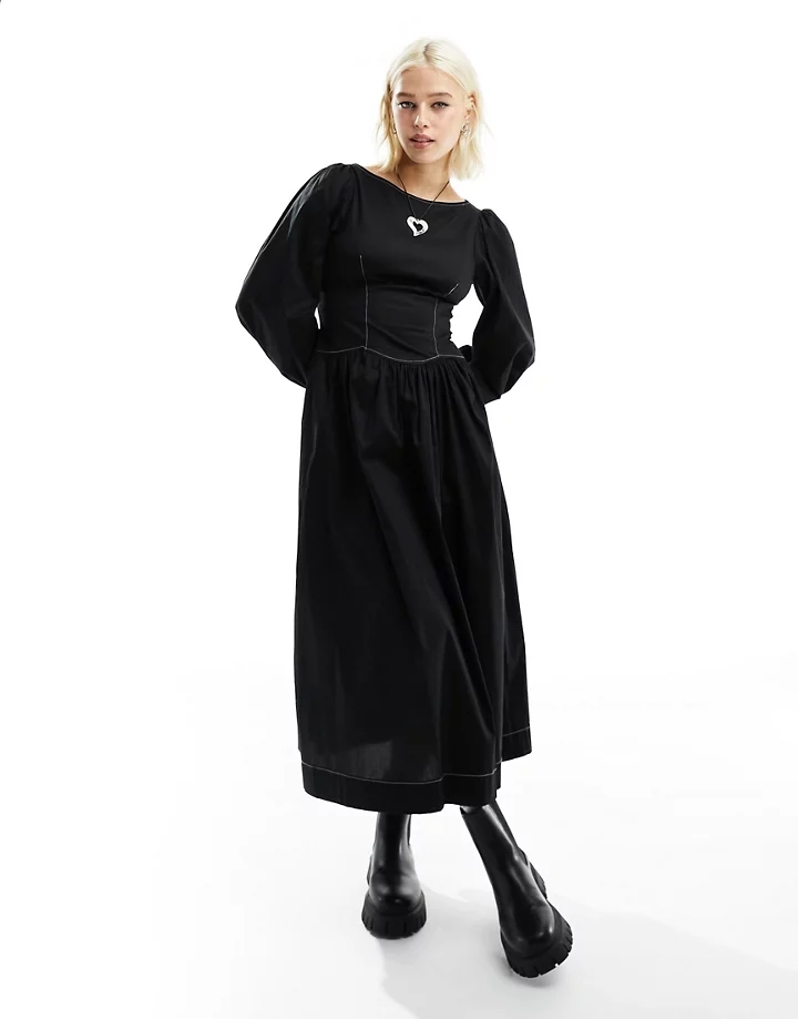 Vestido largo negro estilo corsé con pespuntes en contraste de algodón de COLLUSION Negro AtD7uILf