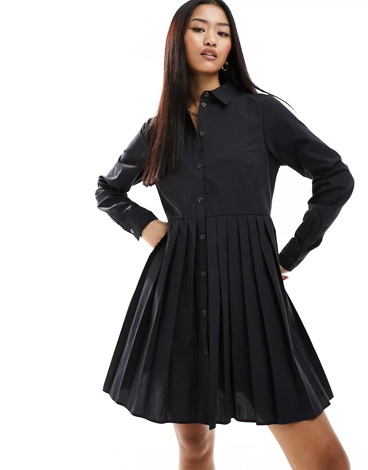 Vestido camisero negro plisado de popelina de Miss Selfridge Negro BaR7mkQh
