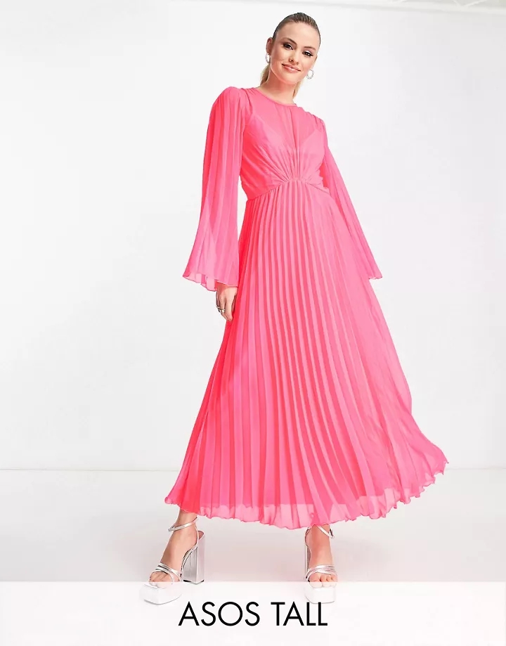 Vestido midi rosa flúor plisado con mangas fluidas y lazada en la espalda de DESIGN Tall Fluro Pink BbjHEfj2