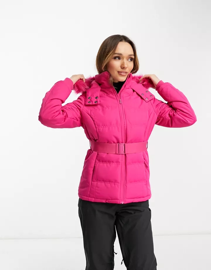 Chaqueta de plumas rosa con ribete de piel sintética en la capucha de Threadbare Ski Rosa aP98JOdt
