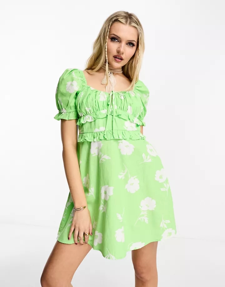Vestido de tarde corto verde estilo mesonera con estampado floral de tejido efecto lino de Miss Selfridge Verde floral azWy8IB0