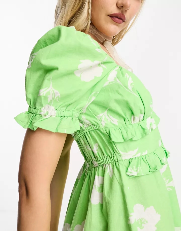 Vestido de tarde corto verde estilo mesonera con estampado floral de tejido efecto lino de Miss Selfridge Verde floral azWy8IB0