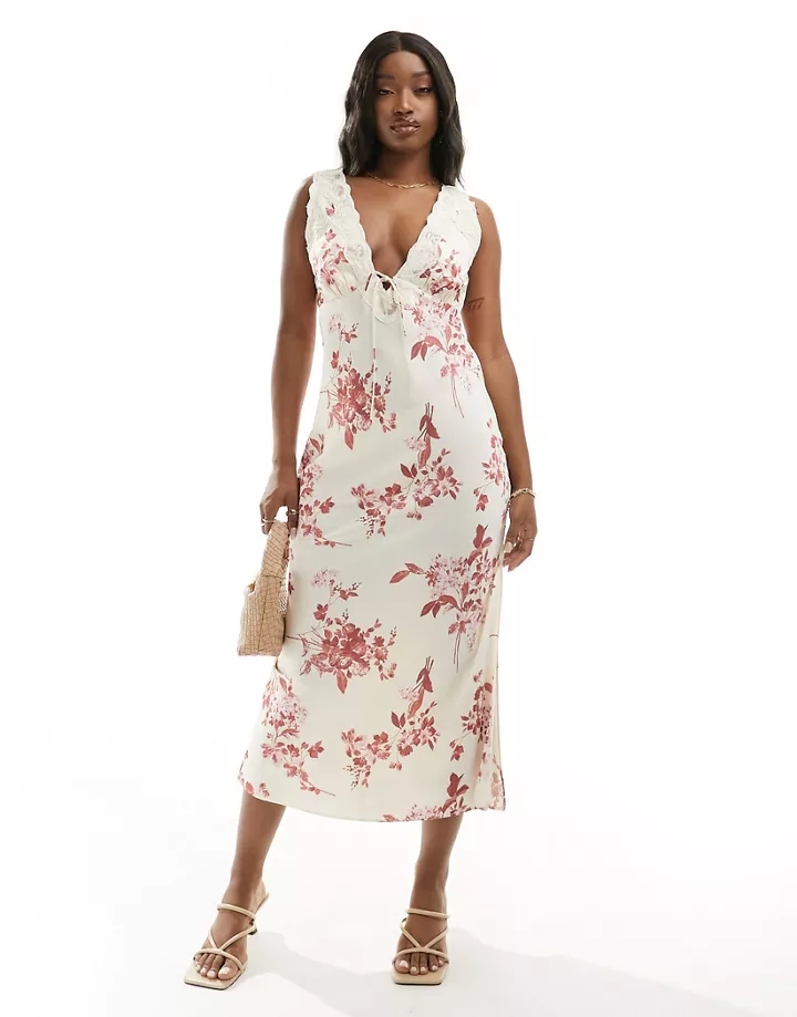 Vestido lencero midi color crema con estampado floral y encaje de Abercrombie & Fitch Rosa floral bc3dmkgU